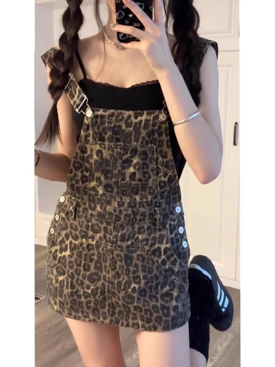 Spicy Leopard Print A-Line Denim Dress Women's Loose Fit High Waist Short Skirt Backless Summer Spring plus Size Casual Dress