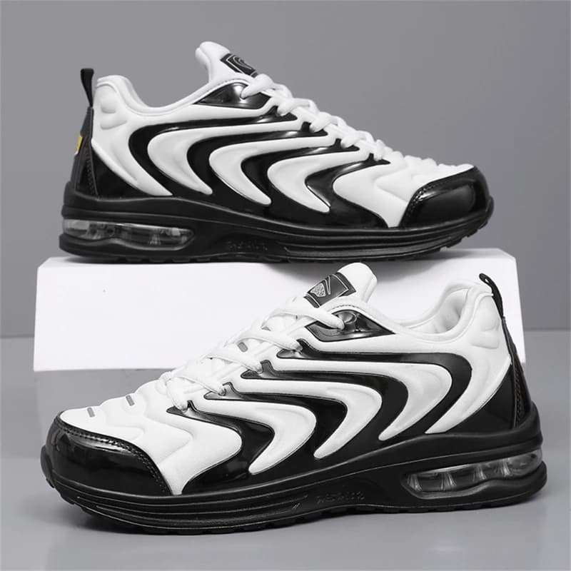 Men Black White Wavy Striped Air Max Sneakers Full Palm Visible Air Cushion Shock Absorb Street Fashion Running Athletic Shoes