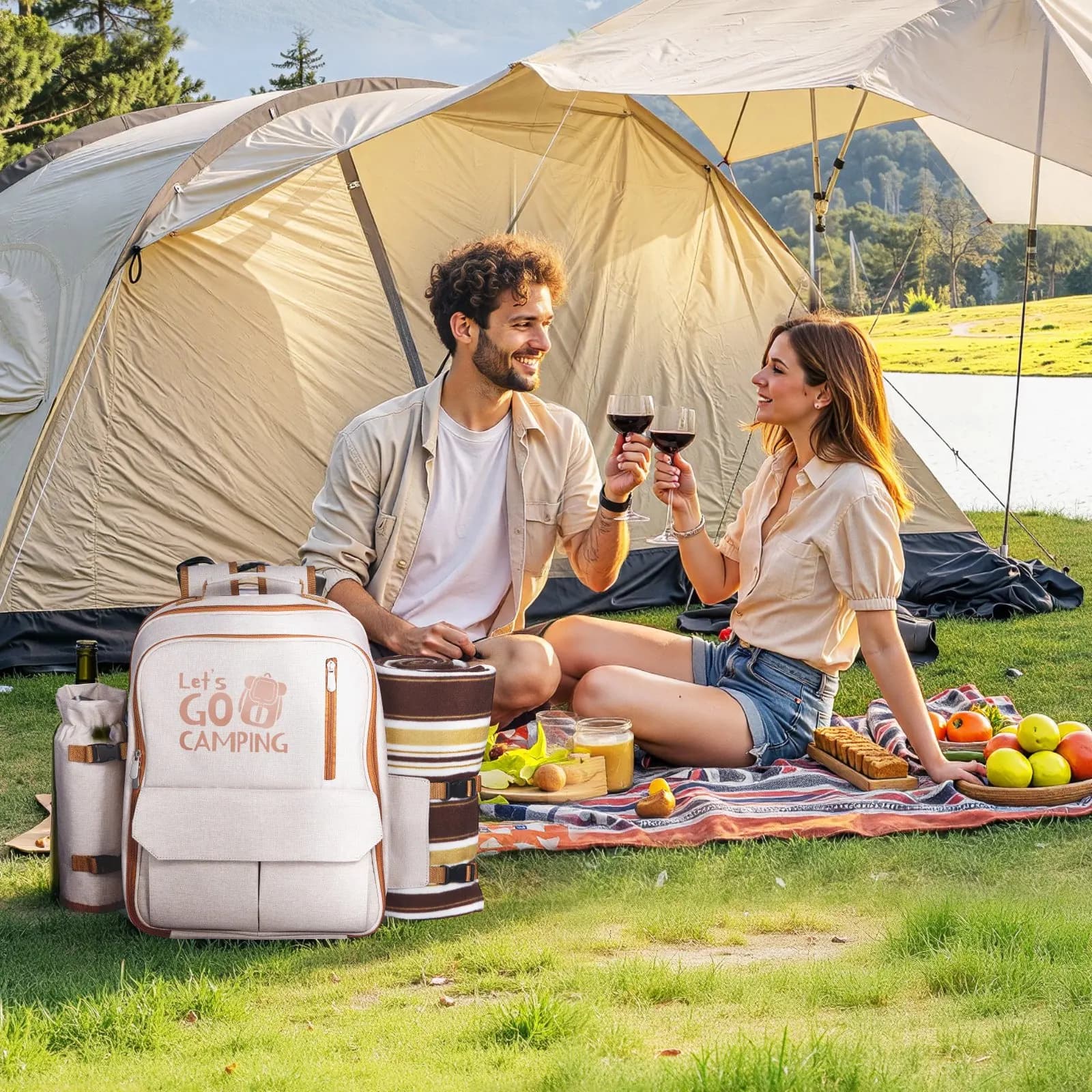 Zaino da picnic, borsa da picnic da spiaggia per 4 persone con scomparto termico isolato, porta bottiglie/vino rimovibile, leggero