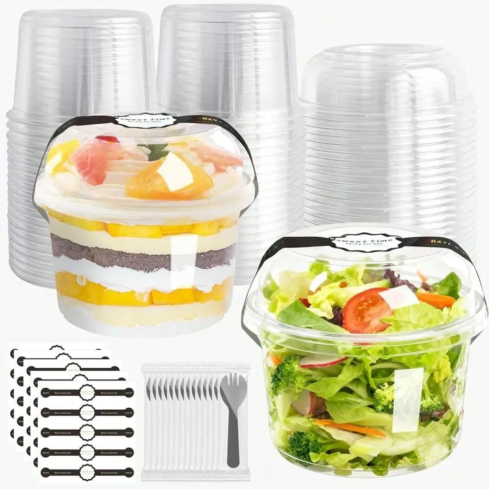 Contenitori per Alimenti con Coperchi e Cucchiai, 50 Pezzi, 16oz, Coppette per Parfait, Dessert, Frutta, Insalata, Ciotole per Pranzo da Asporto