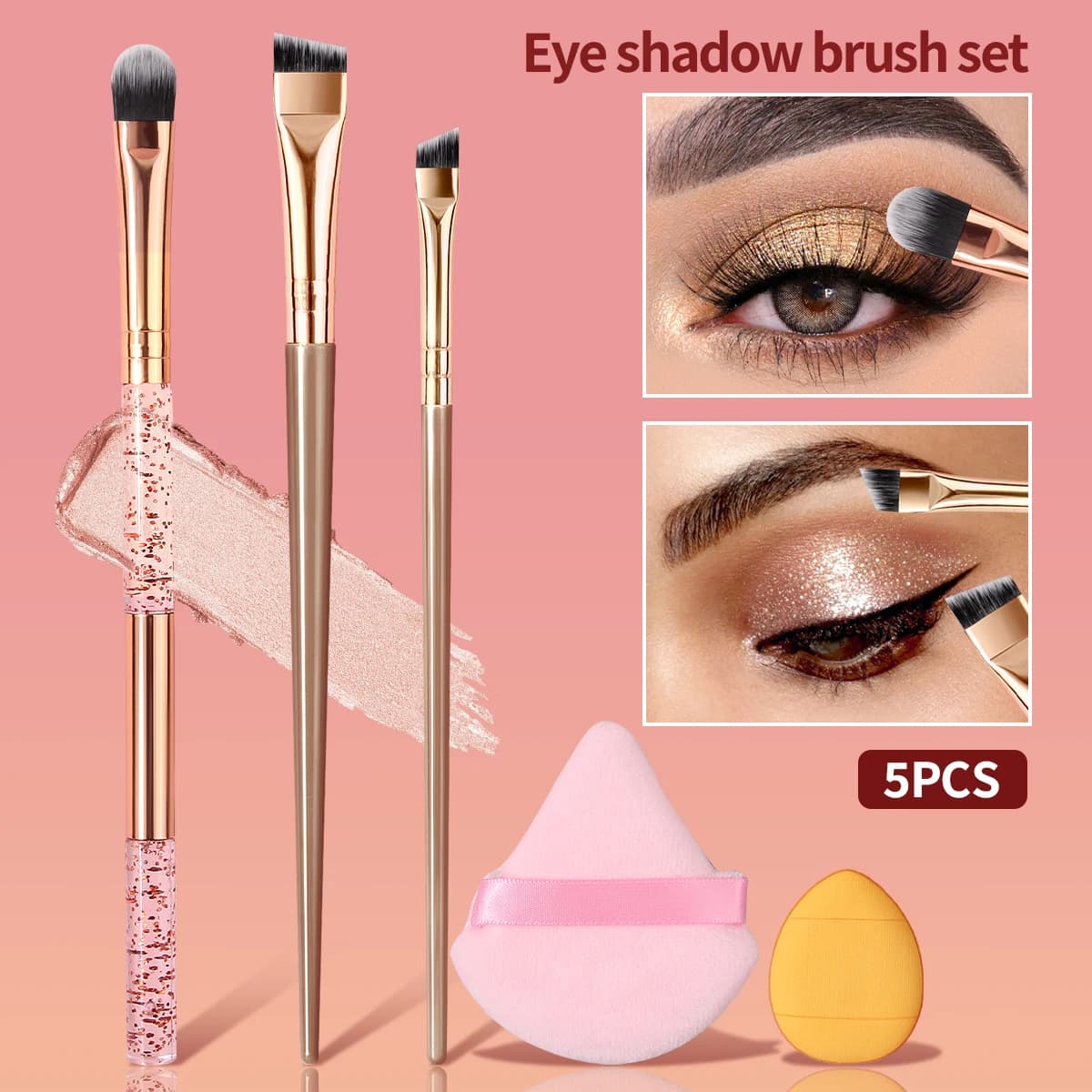 Kit professionale per il trucco degli occhi da 5 pezzi, pennelli per ombretto color oro rosa, pennello per eyeliner angolato e spugna per il trucco, sfumatura e delineatura precisa degli occhi