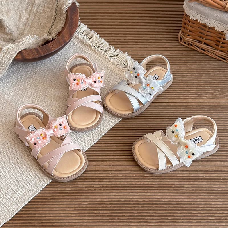 Mumoresip Girls Sandals Sweet Lace Bows Kids Beach Shoes Soft Bottom Versatile 2026 Summer New Children Casual Sandals Hook&loop