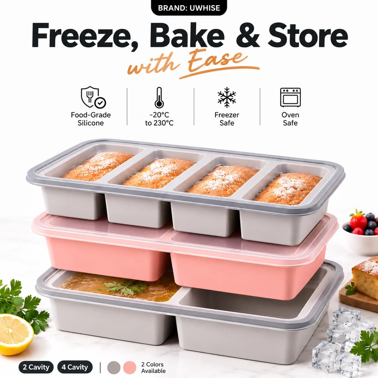 Uwhise 2Pcs Silicone Cake Mold With Lid Meal Prep Container Baking Pan 2 Cavity 4 Cavity Metal Reinforced Freezer Tray