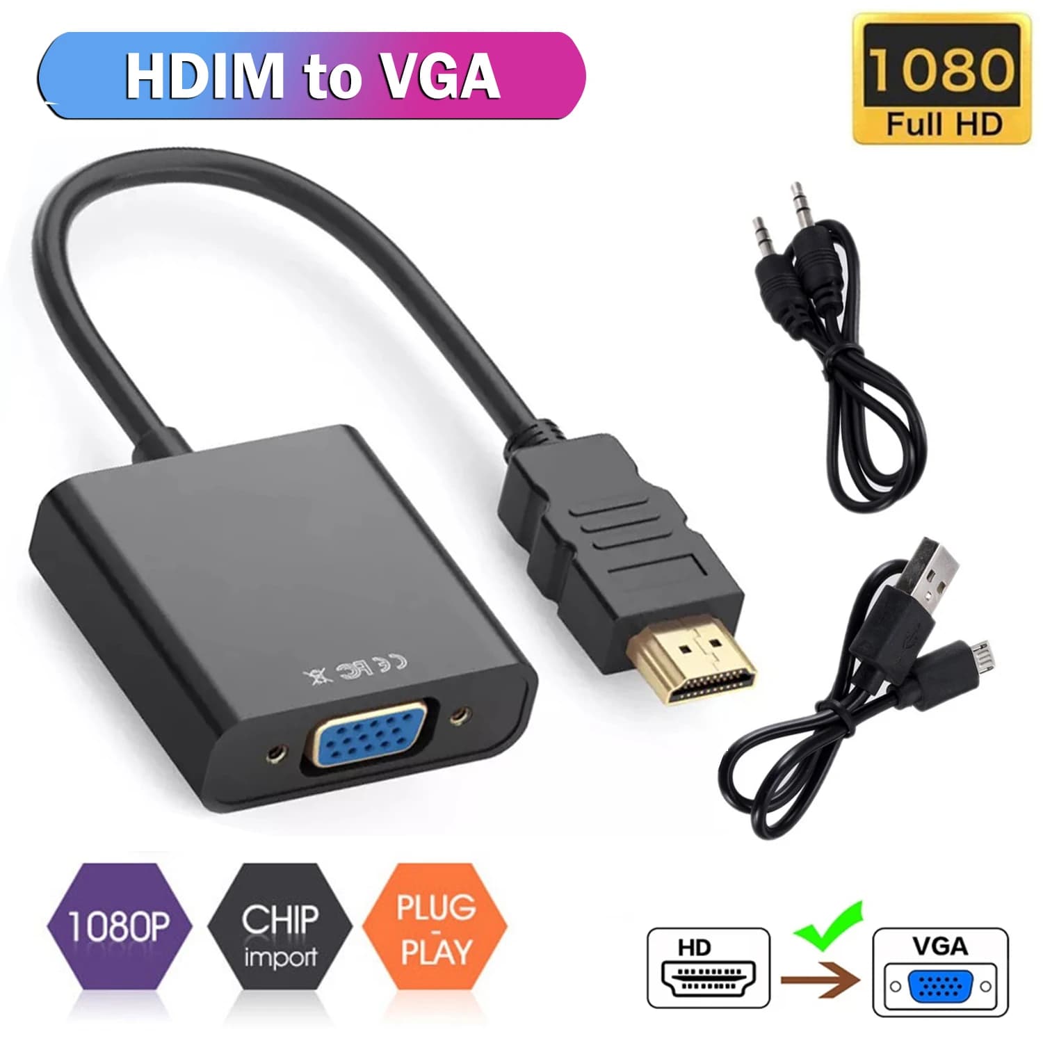 For HDMI to VGA Adapter Gold Plated 1080P Full HD Male to Female HDTV HDMI-Compatible to VGA Cable for Monitor/Projectors/Laptop