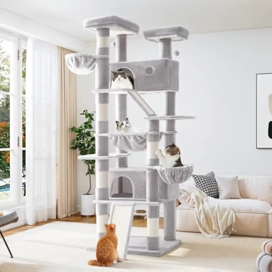 Albero per Gatti Multi-Livello Alto 81 Pollici con Cuccia e Amaca per Felini di Taglia Grande, Tiragraffi Grigio con Base Larga, Struttura Grande per Arrampicarsi