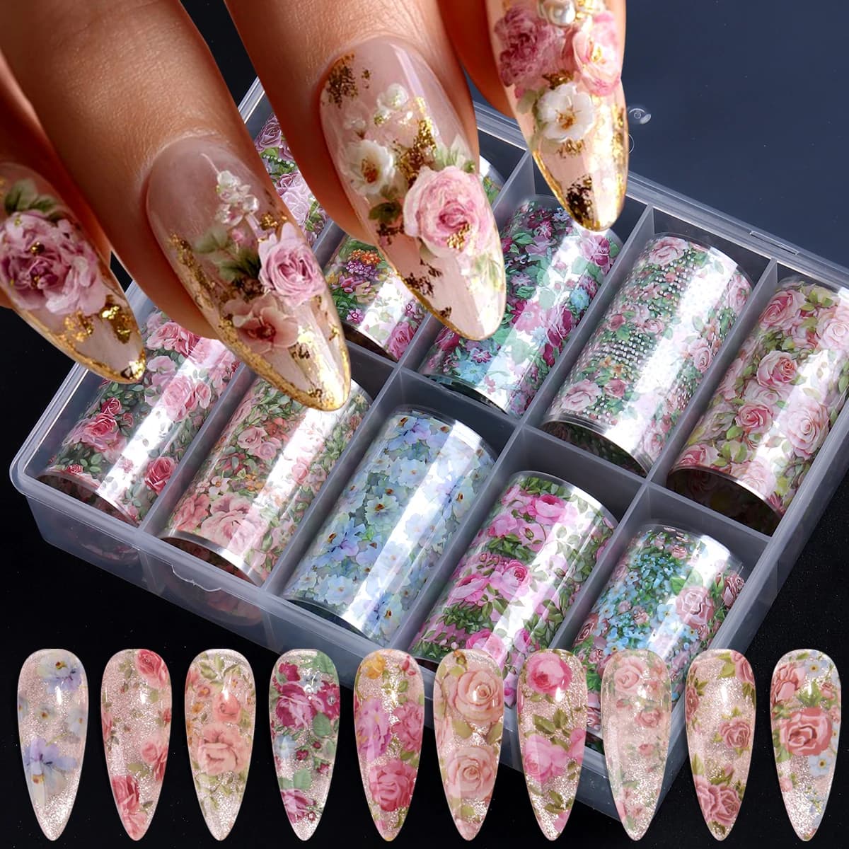 10pcs Vintage Blending Spring Flowers Nail Art Foil Transfer Stickers Rose Design Transfer Sticker Foil for Nails Nail Art