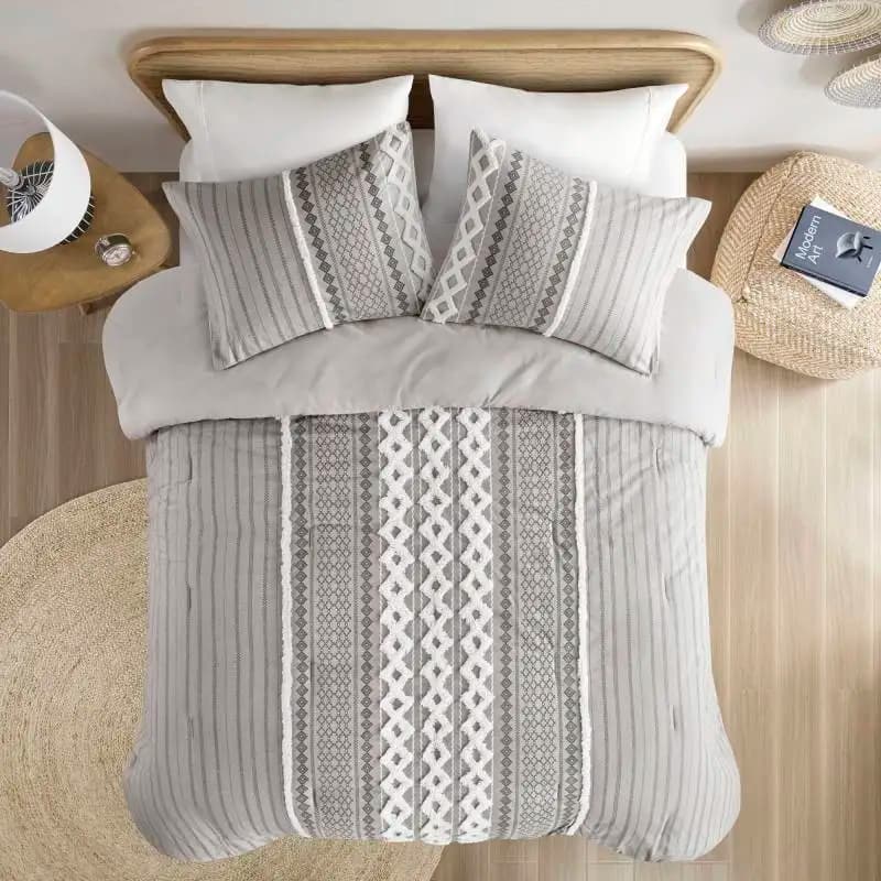 3 Piece Cotton Printed Comforter Set with Chenille Gray Full/Queen