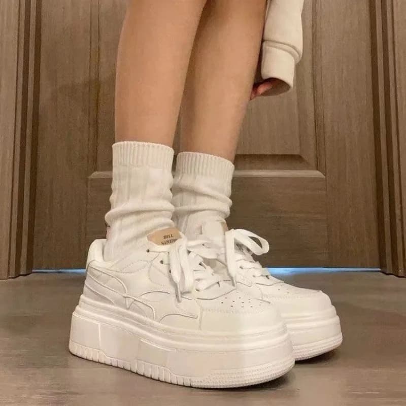 White Platform Sneakers,Chunky Thick Sole Lace-Up Height Increasing Casual Shoes,Round Toe Student Style Daily Skate Shoes