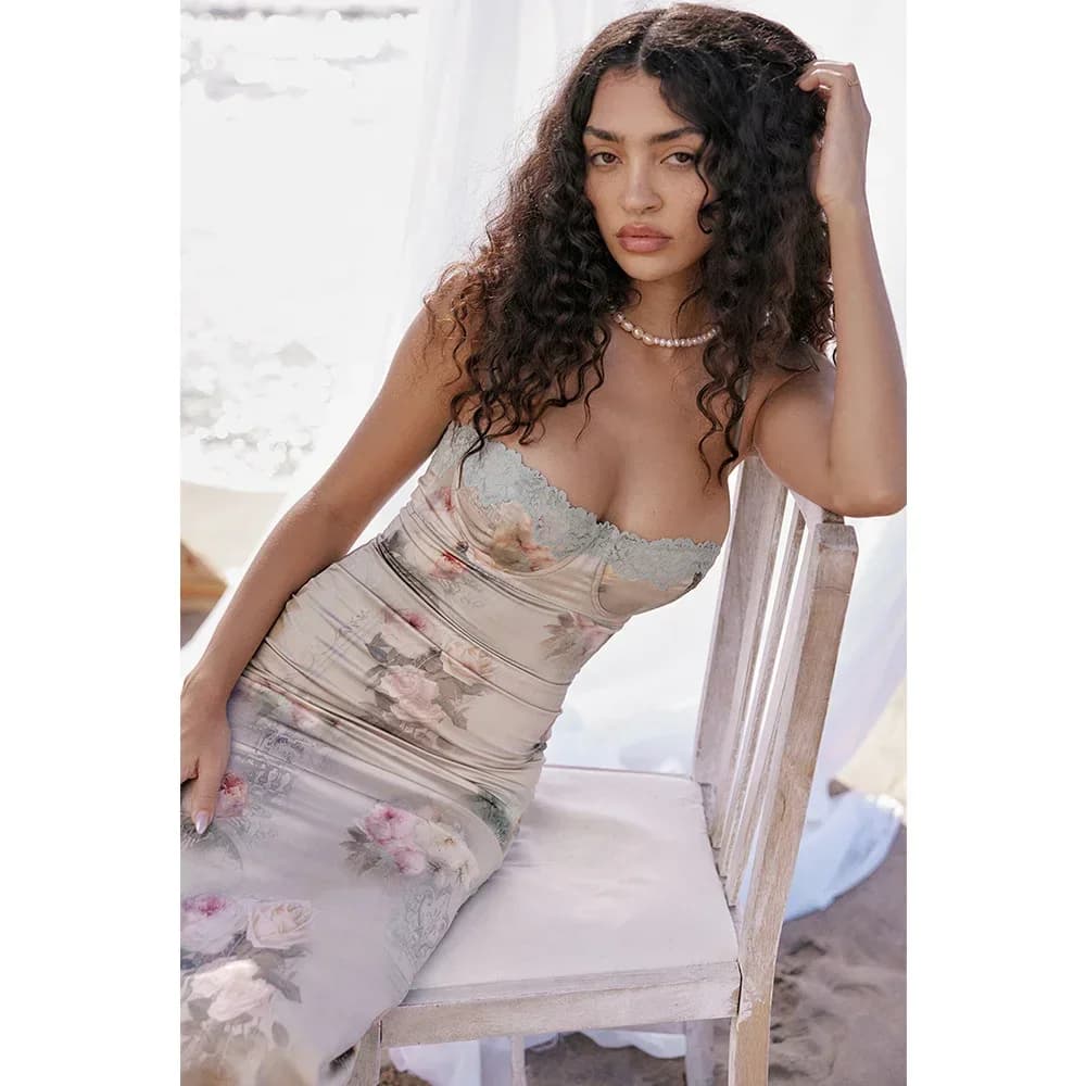 Suninheart Longuette dress with lace print with strap for women's long dress high waist dress without straps without straps