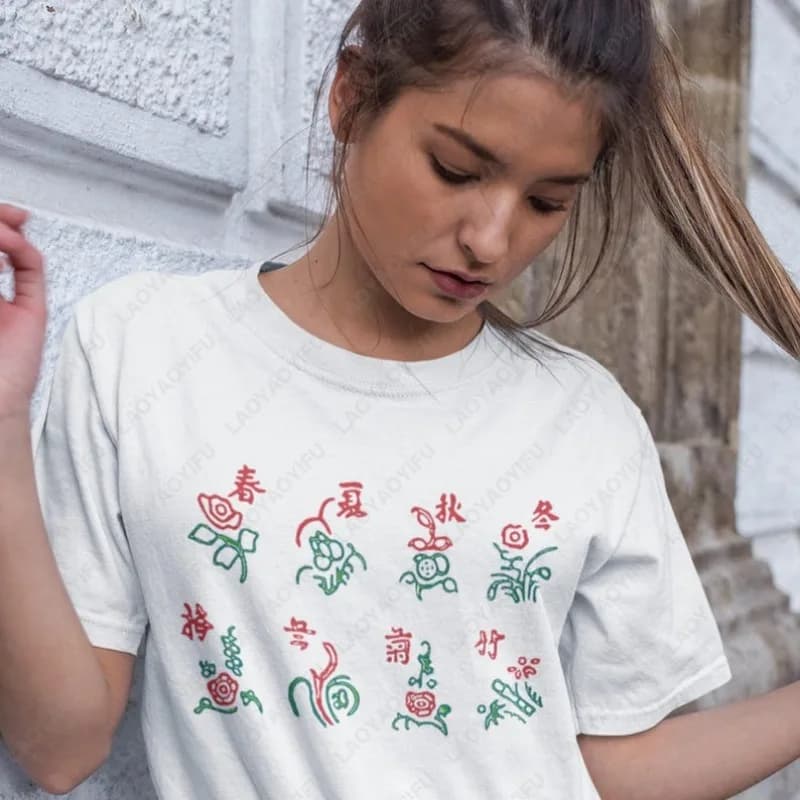Gambler's Metaphor Mahjong Tiles T-shirt in cotone unisex Quattro stagioni e quattro fiori stagionali T-shirt grafiche Uomo Donna T-shirt hip-hop