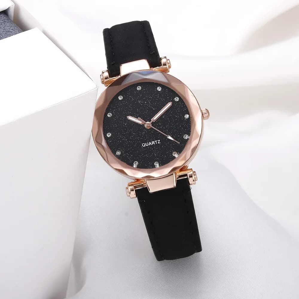 Fashion Black Vintage Trend Wear Rhinestone Star Sky Silver Pink Women for Watch Leisure Trend Frosted Belt Quartz Wristwatch