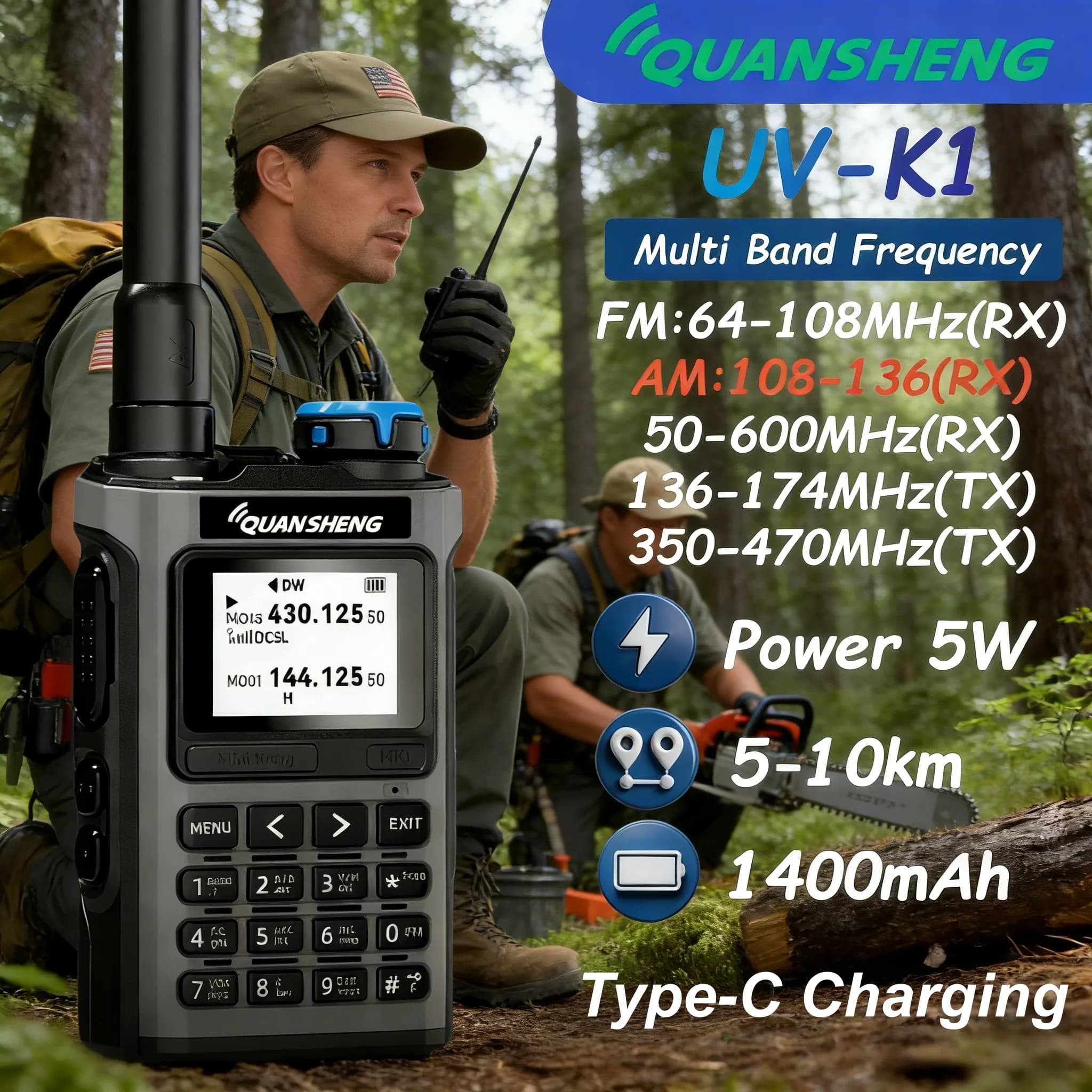 Ricetrasmettitore Quansheng UV K1 Mini Walkie Talkie Multibanda, Radio Bidirezionale per Comunicazioni a Lungo Raggio, Set Wireless per Radioamatori