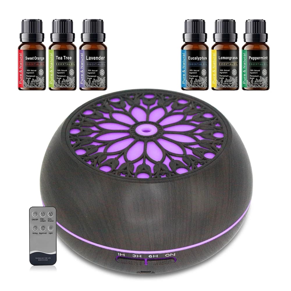Diffusore di Oli Essenziali Grande da 550ml con Timer Automatico, 7 Colori LED, Telecomando e 6 Oli