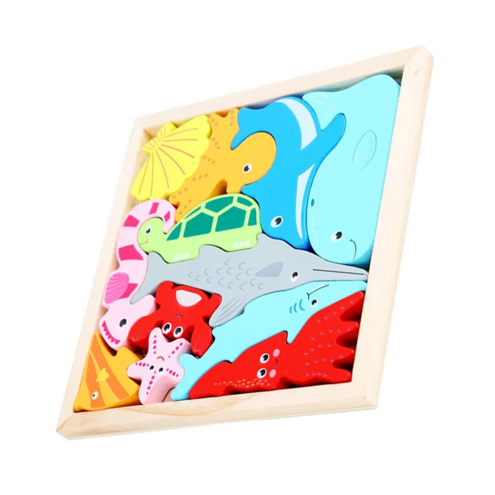 Set di Puzzle di Animali Marini in Legno, Gioco Educativo Prescolare per l'Apprendimento Cognitivo, Blocchi Creativi e Divertenti per lo Sviluppo dei Bambini