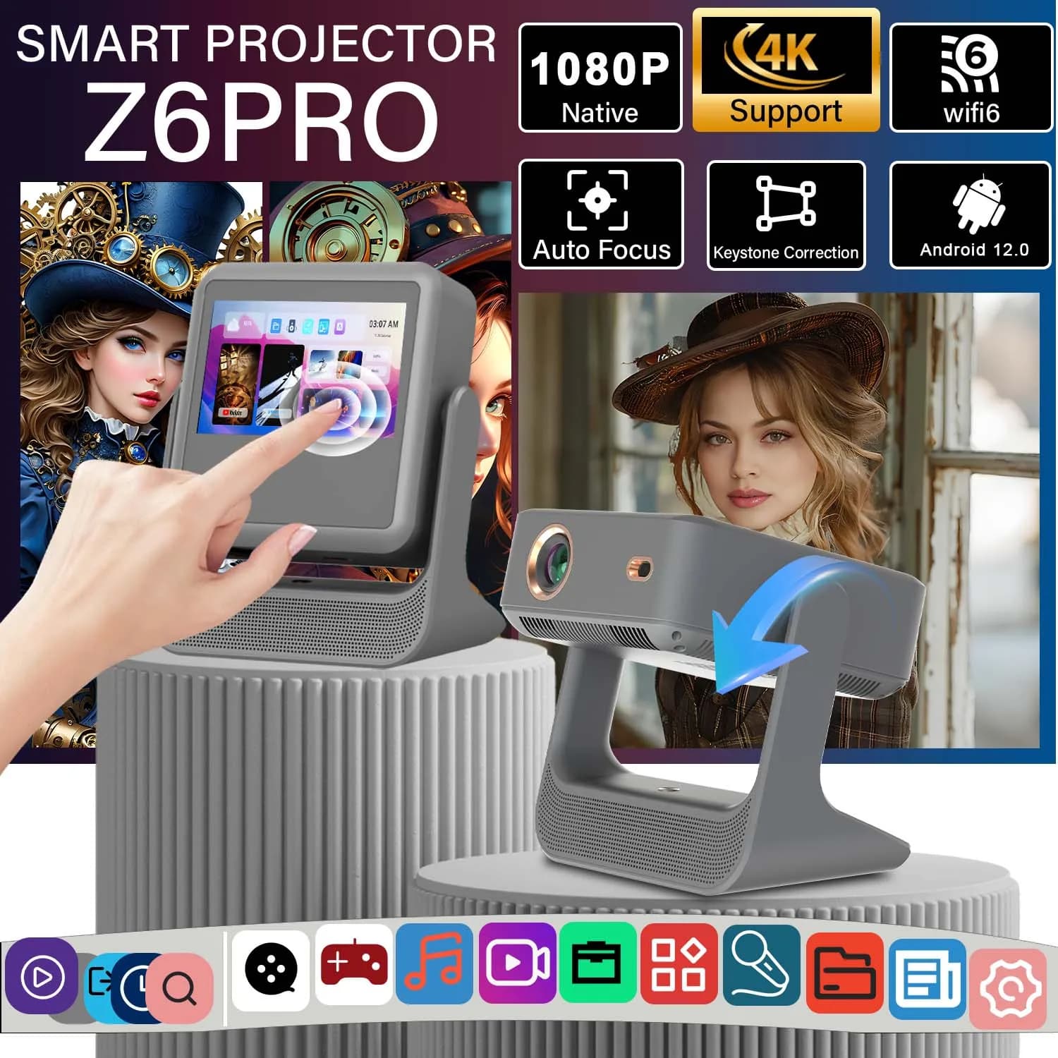 Portable Sports Projector Auto Keystone & Screen Fit 7" Touch Panel HDMI USB 3.5mm Audio Home Gym Camping