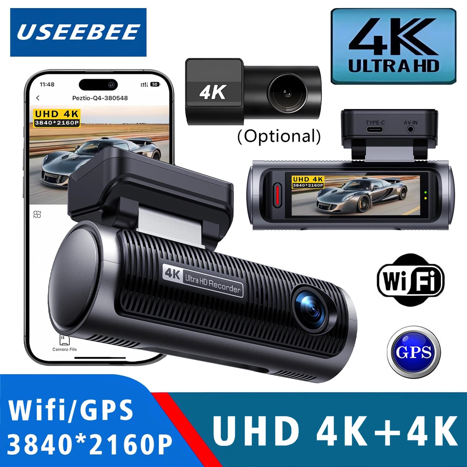 Dash Cam 3840*2160P 4K + 4K con Doppia Lente, Telecamera DVR per Auto con WiFi 5G e GPS, Registratore Video con Visione Notturna