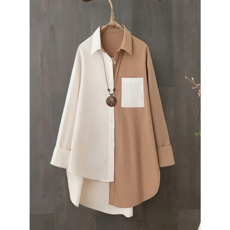 Women's strong size patchwork shirt with lapel collar Women's casual long sleeve shirt New shirt Top