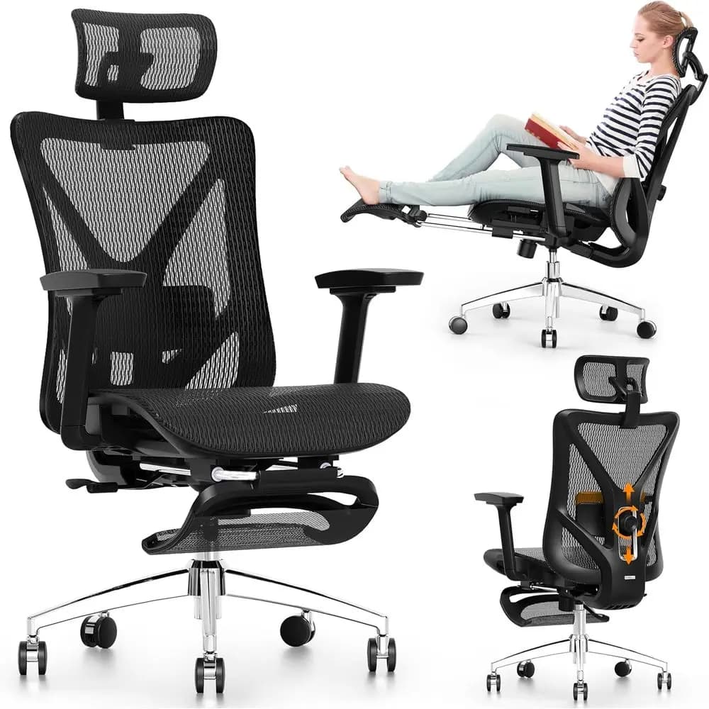 Sedia da Ufficio Ergonomica con Poggiapiedi, 135 ° Sedia reclinabile, supporto lombare regolabile, braccioli 3D, rete resistente con base in acciaio di grandi dimensioni
