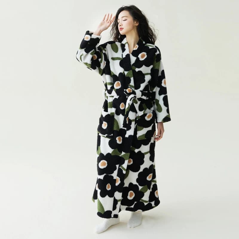 Femminile Inverno Addensare Caldo Flanella Abito Lungo Kimono Accappatoio Abito Stampa Floreale Indumenti Da Notte Homewear Coral Fleece Pigiama