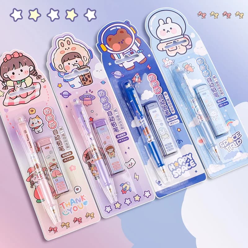 Sweet Funny Mechanical Pencil Set Cartoon Rabbit Bear Design Automatic Pen with 12pcs HB 0.5mm Refills Eraser School F7202