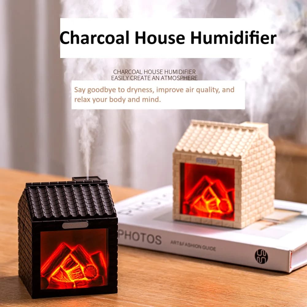 200 ml Ultrasuoni Nebbia Fredda Mini Carbone Casa Umidificatore Diffusore di Olio Simulato Fuoco di Legno Umidificatore per Regali Camera da Letto Ufficio
