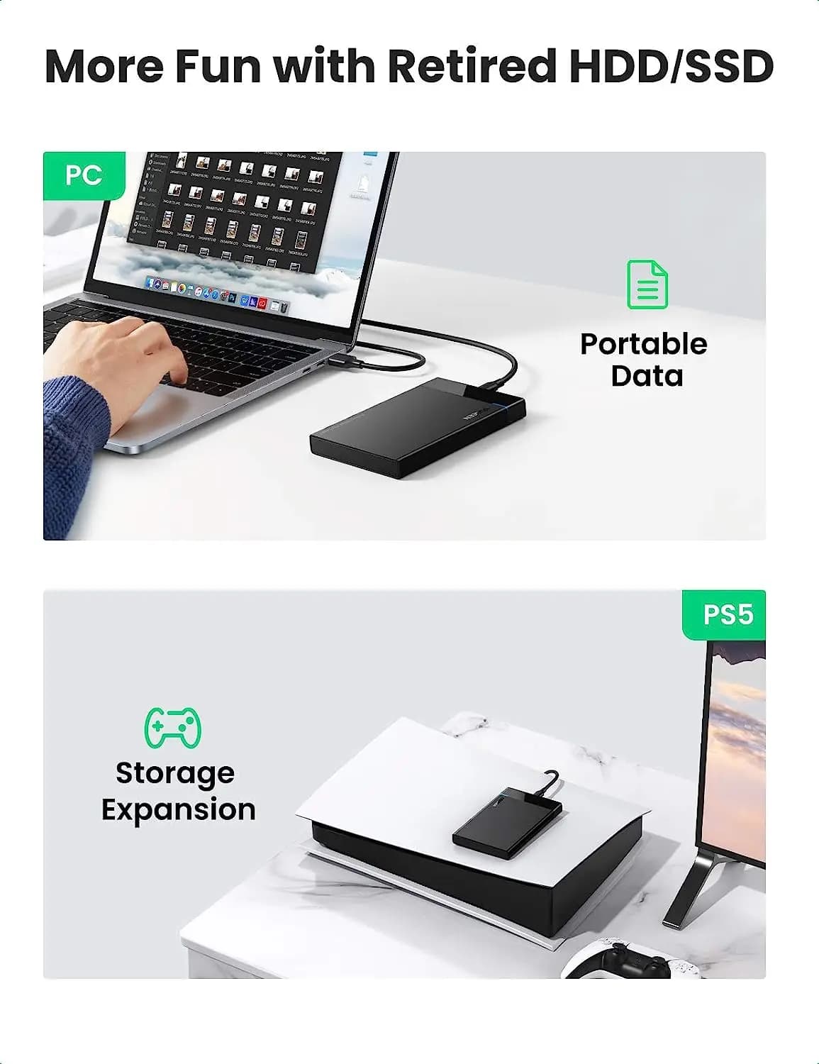 UGREEN 2.5" Hard Drive Enclosure USB C 3.1 Gen 2 to SATA III 6Gbps for SSD HDD 9.5 7mm External Hard Drive Disk Case with UASP