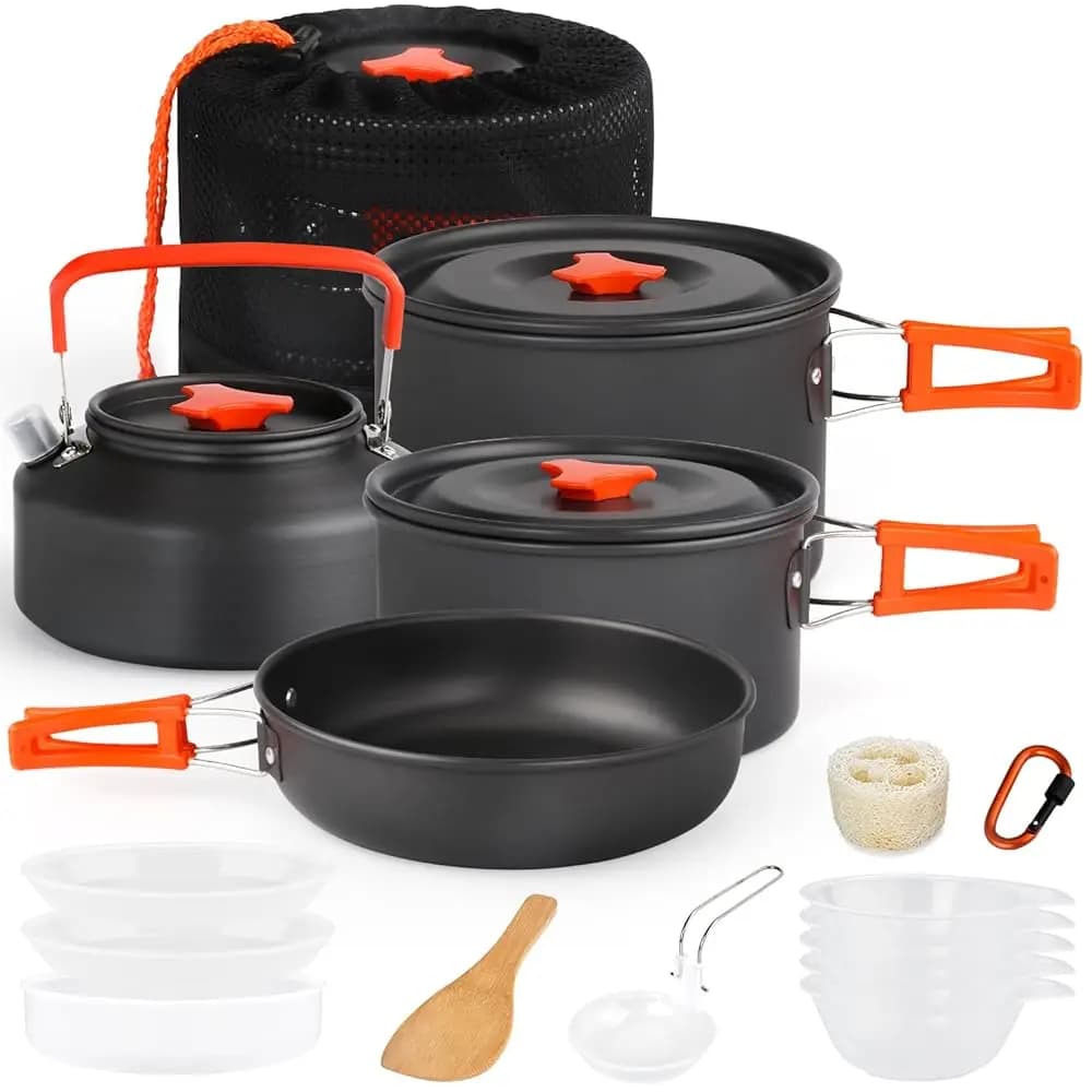 Set di pentole da campeggio, attrezzi da campeggio, utensili per il fuoco, attrezzatura da cucina antiaderente, pentole, padelle e ciotole leggere e impilabili con custodia