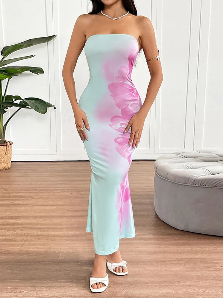 Abiti estivi da donna Nuovo streetwear Moda Stampa Casual Slim Maxi abito Sexy elegante Lady Backless Abiti senza spalline Abbigliamento