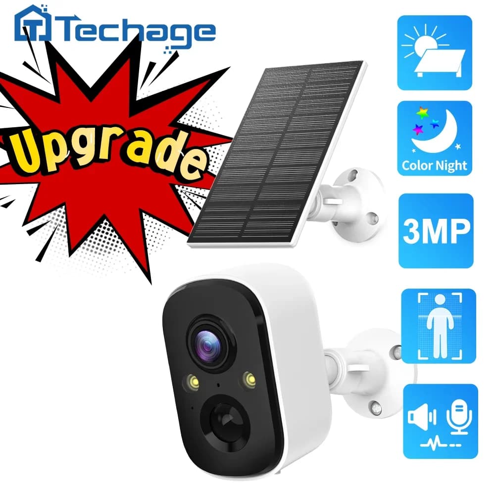 Techage 3MP Batteria solare wireless Telecamera IP Protezione di sicurezza Telecamera WiFi PIR Supporto Alexa Rilevamento umano audio bidirezionale