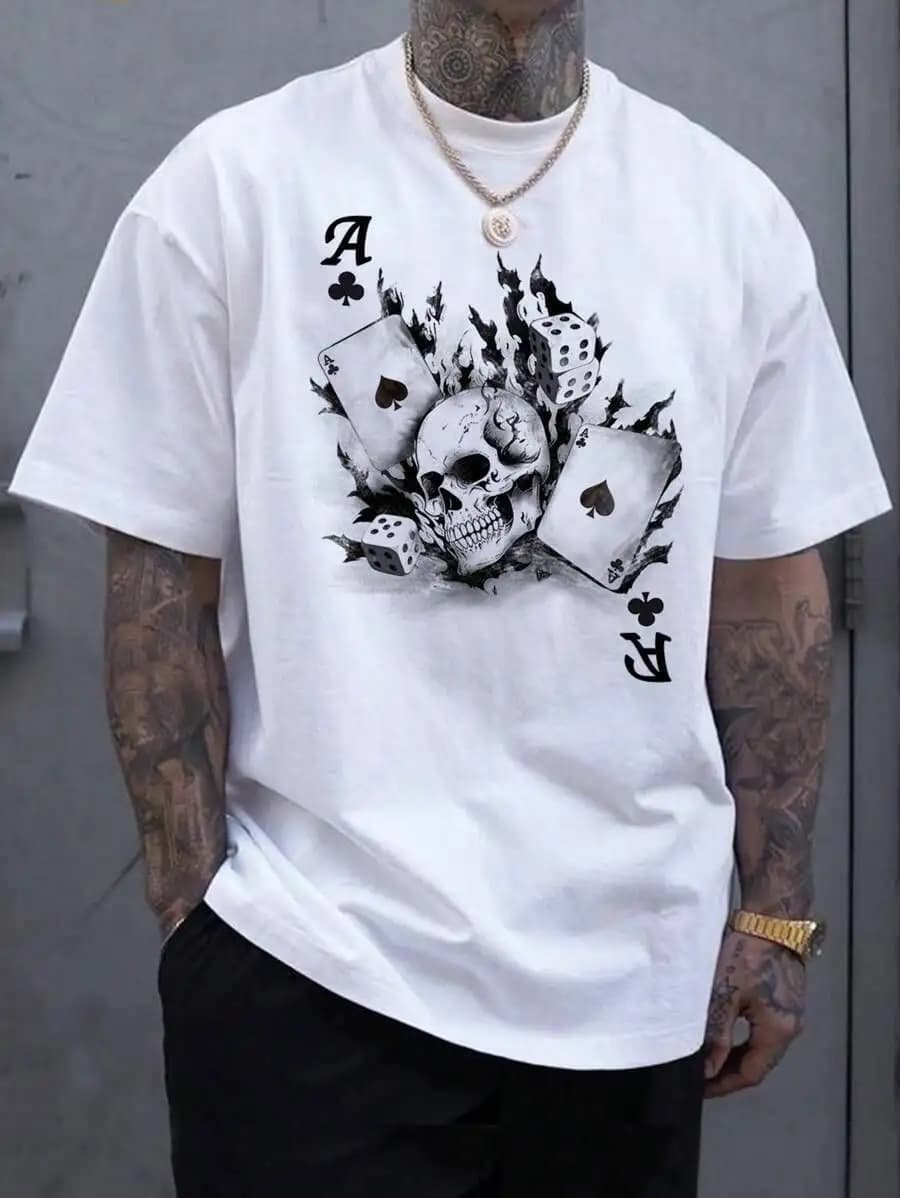 Manfinity VCAY Men Skulls & Poker Cards Graphic Printed Short Sleeve T-Shirt, Going Out, For Friends, Vacation, Father's Day Women's and Men's Unique Prints, Comfortable, Soft, Holiday Gift, Personalized , Traveling or Home