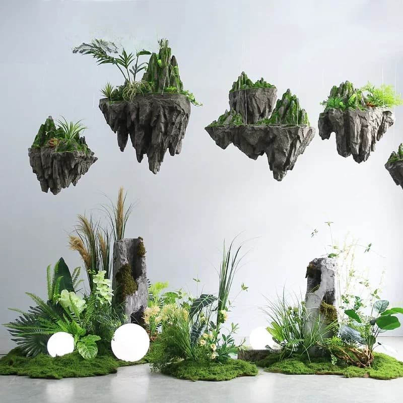 Decorative Floating Stone for Aquarium with Green Artificial Plants - Creative Ornament for Landscapes