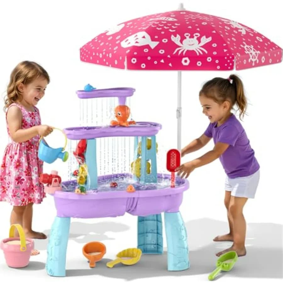 Tavolo acquatico a 3 livelli per bambini, tavolo acquatico e da sabbia con ombrellone regolabile, giocattoli da sabbia, gioco di pesca, tavolo sensoriale, set da gioco per attività