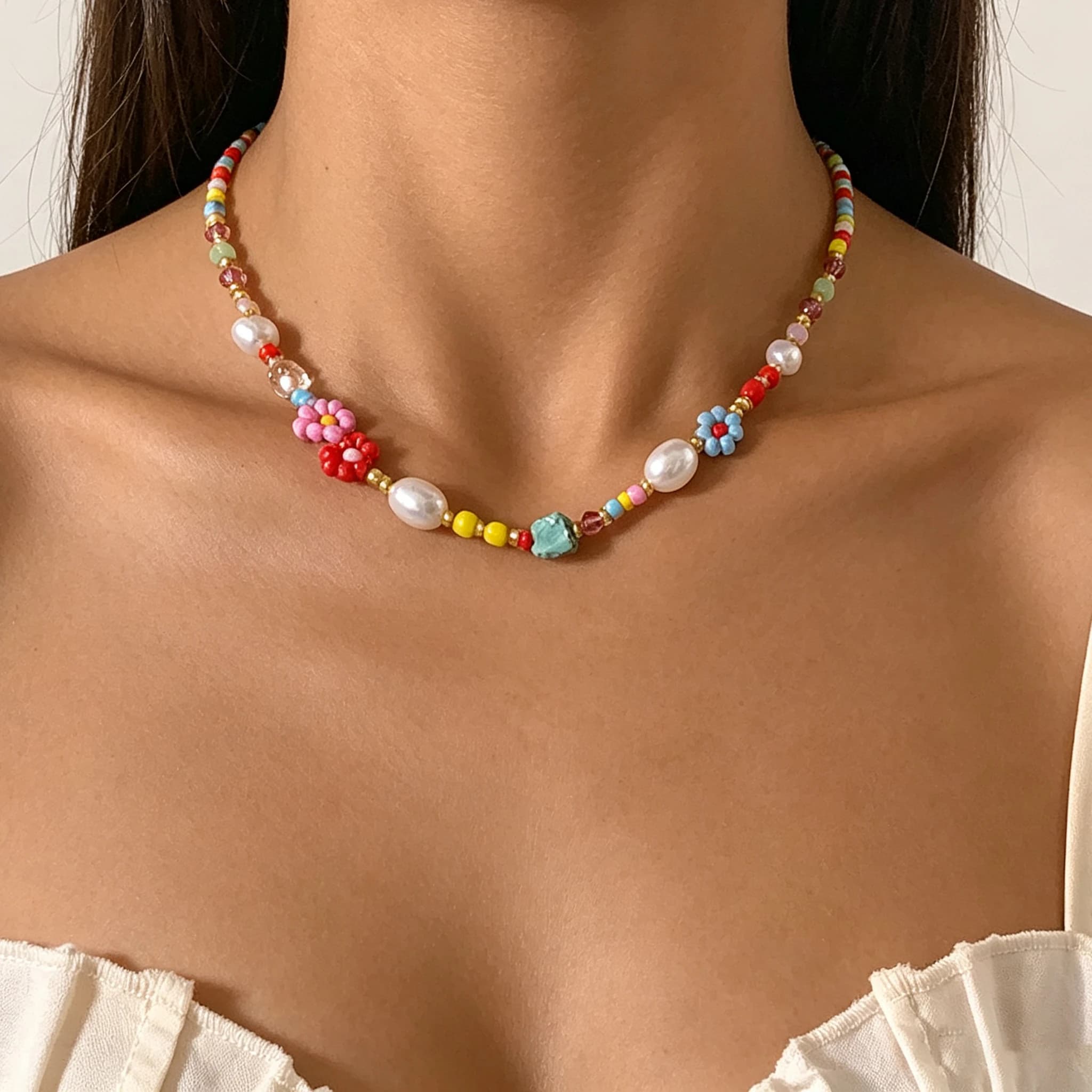 Boho Colorful Glass Seed Bead Choker Necklace with Imitation Pearl Handmade Flower Beads Dainty Neck Jewelry for Women