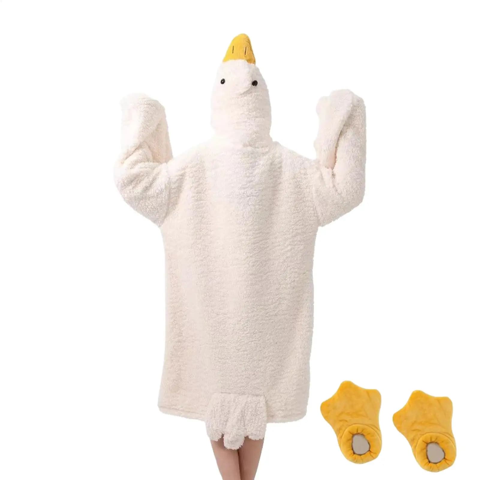 Wearable blanket Goose Robe Coral Fleece Hooded Pajama Funny Duck Cosplay Couple Nightgown Plush Sleepwear with Shoes