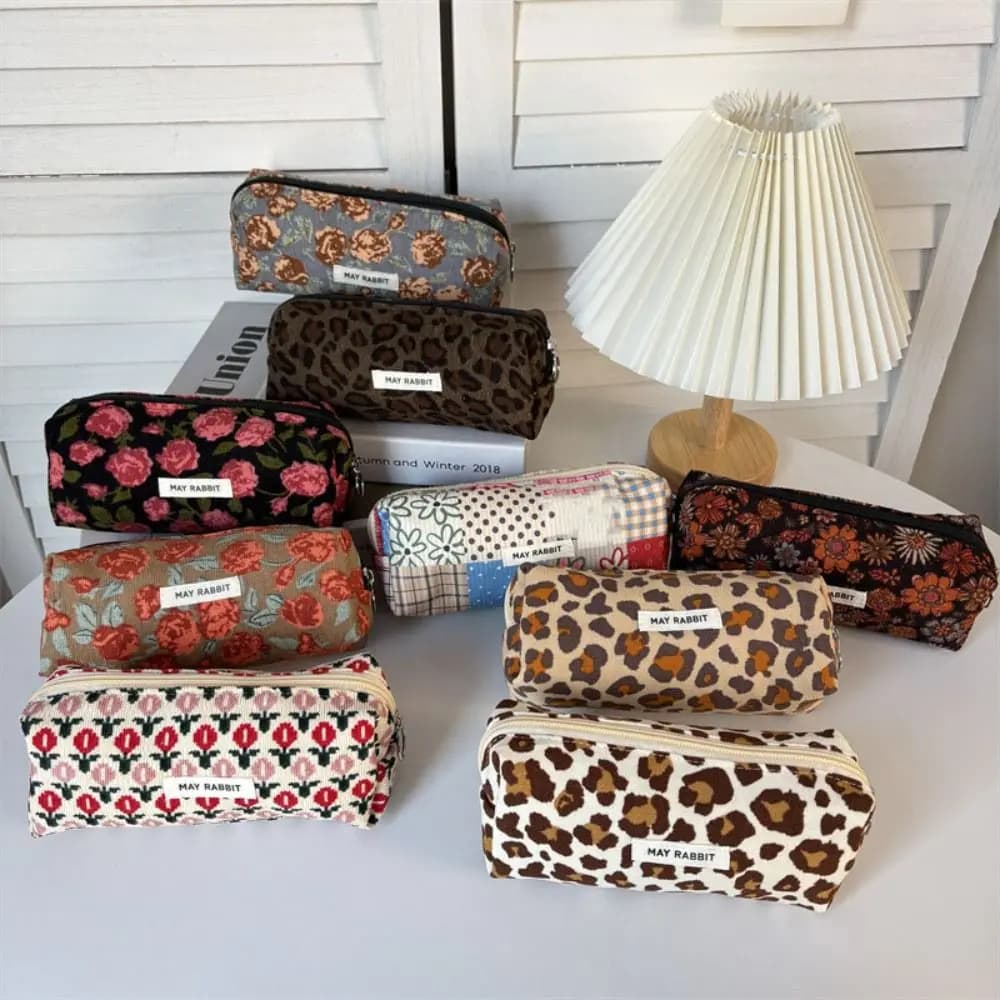 Portable Floral Print Pen Bag Large Capacity Multifunctional Pencil Case Corduroy Cosmetics Storage Bags School Office Supplies