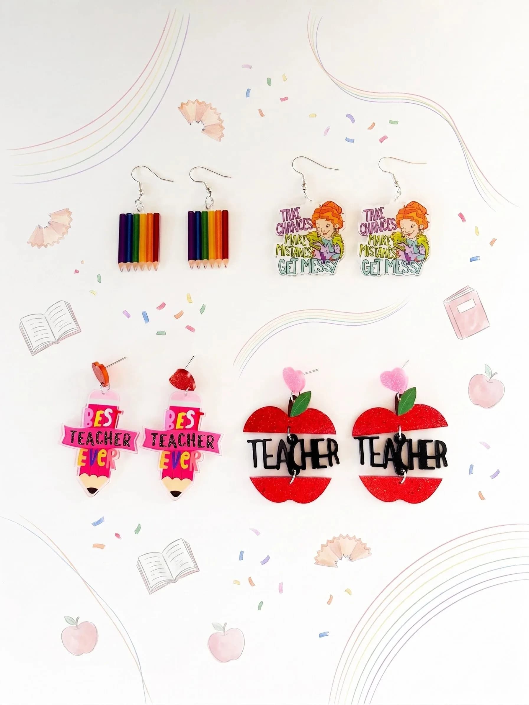 4Pairs/set Cute Acrylic Letter Apple Pencil Printed Drop Earrings For Women Students Back to School Season or Teacher's Day