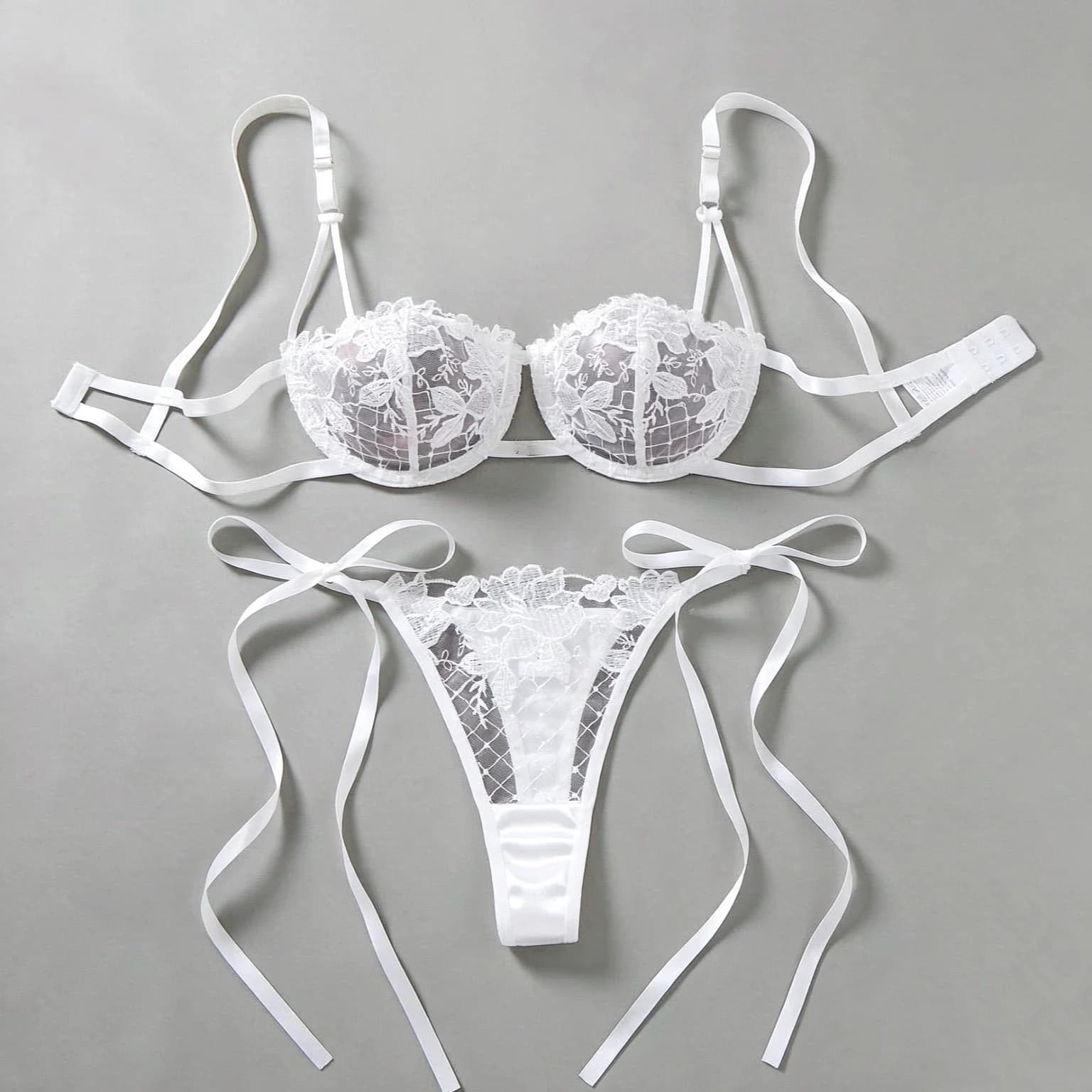 Women White Floral Lace Lingerie Set Push‑Up Bra & Tie‑Side Thong Mesh Satin Intimate Underwear Bridal Nightwear ZA825200