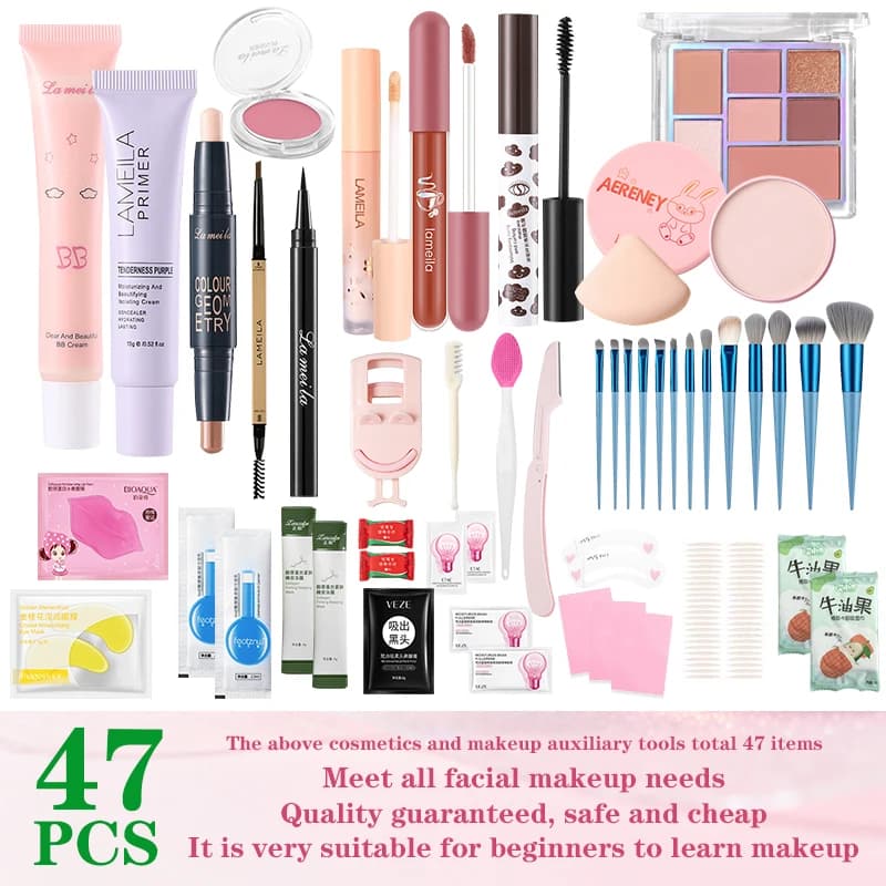 47PCS Set Waterproof Makeup Set BB cream Eyebrow pencil Eye shadow Eyeliner pencil Mascara Lipstick Loose powder Brush Tool Set