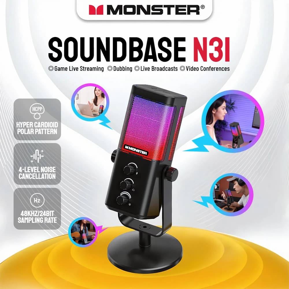 Monster Soundbase N31 Microfono da gioco USB, microfono a condensatore ipercardioide con pulsante di disattivazione per giochi in streaming live
