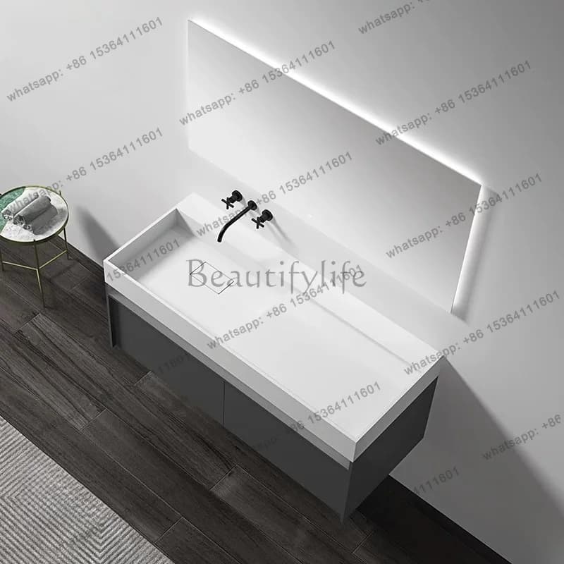 Lavabo in pietra artificiale per bagno, mobiletto con specchio LED di lusso, combinazione per bagno domestico.