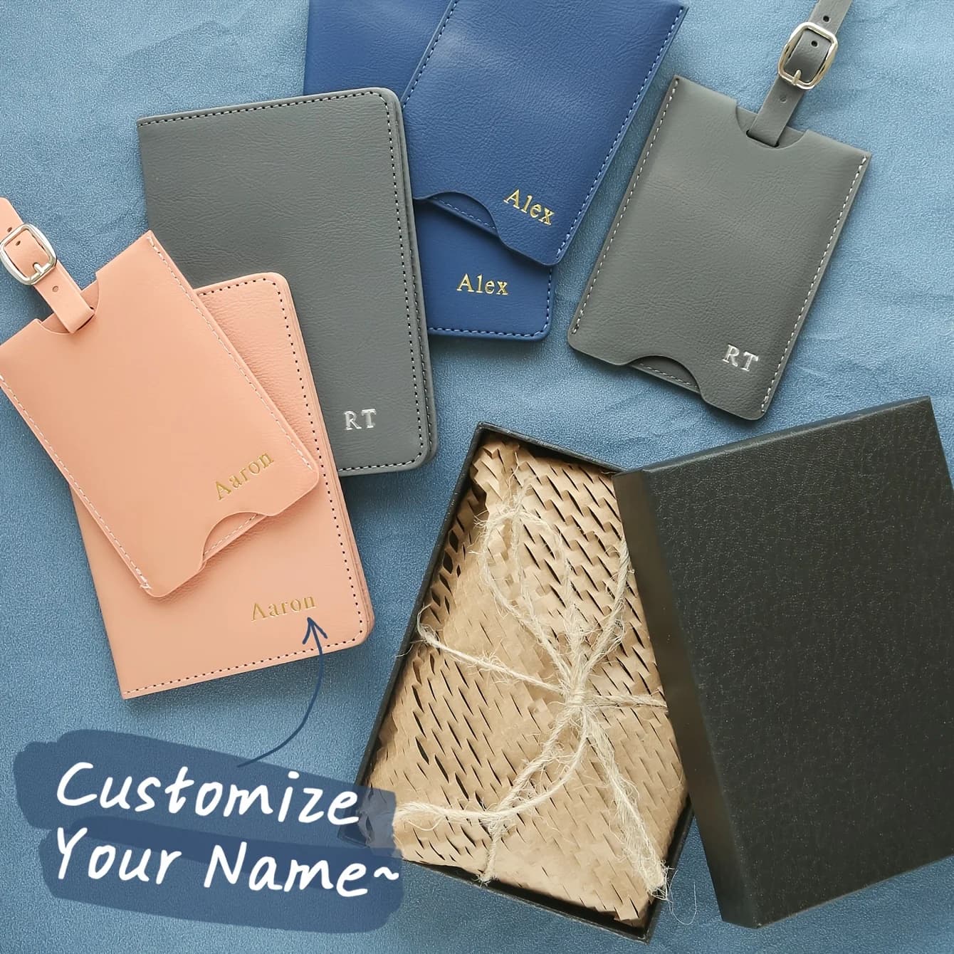 Set Regalo 2 Pezzi: Porta Passaporto Personalizzato con Etichetta Bagaglio, Set da Viaggio con Monogramma Personalizzato, Accessori da Viaggio Personalizzati