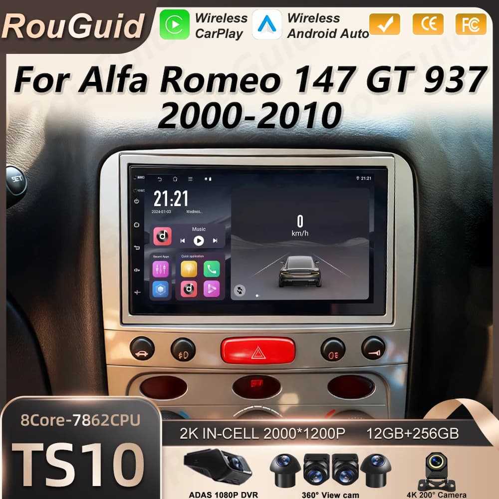 Autoradio Android 16 for Alfa Romeo 147 GT 937 2000-2010 with Carplay, Multimedia player Video, Stereo DSP, GPS navigation, BT, Wifi