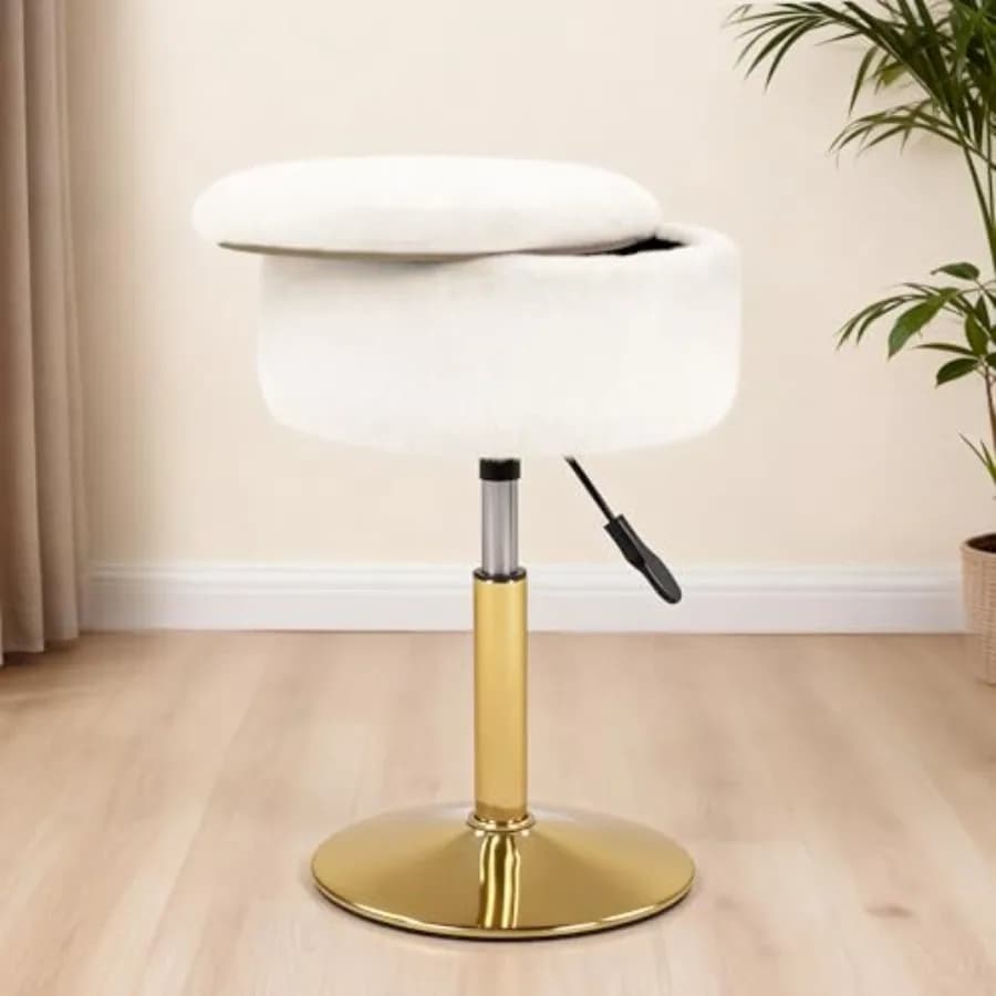 Sgabello da toeletta regolabile con contenitore e rotazione a 360° ° Sedia Girevole Dorata con Pouf Rotondo Piccolo, Poggiapiedi per Bagno e Sala Trucco, Bianco