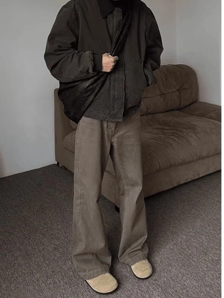 Jeans Uomo Invernali Marroni Foderati in Pile, Gamba Dritta, Micro Svasati, Stile Americano, Pantaloni Lunghi per Ragazzi, Tendenza Giovanile
