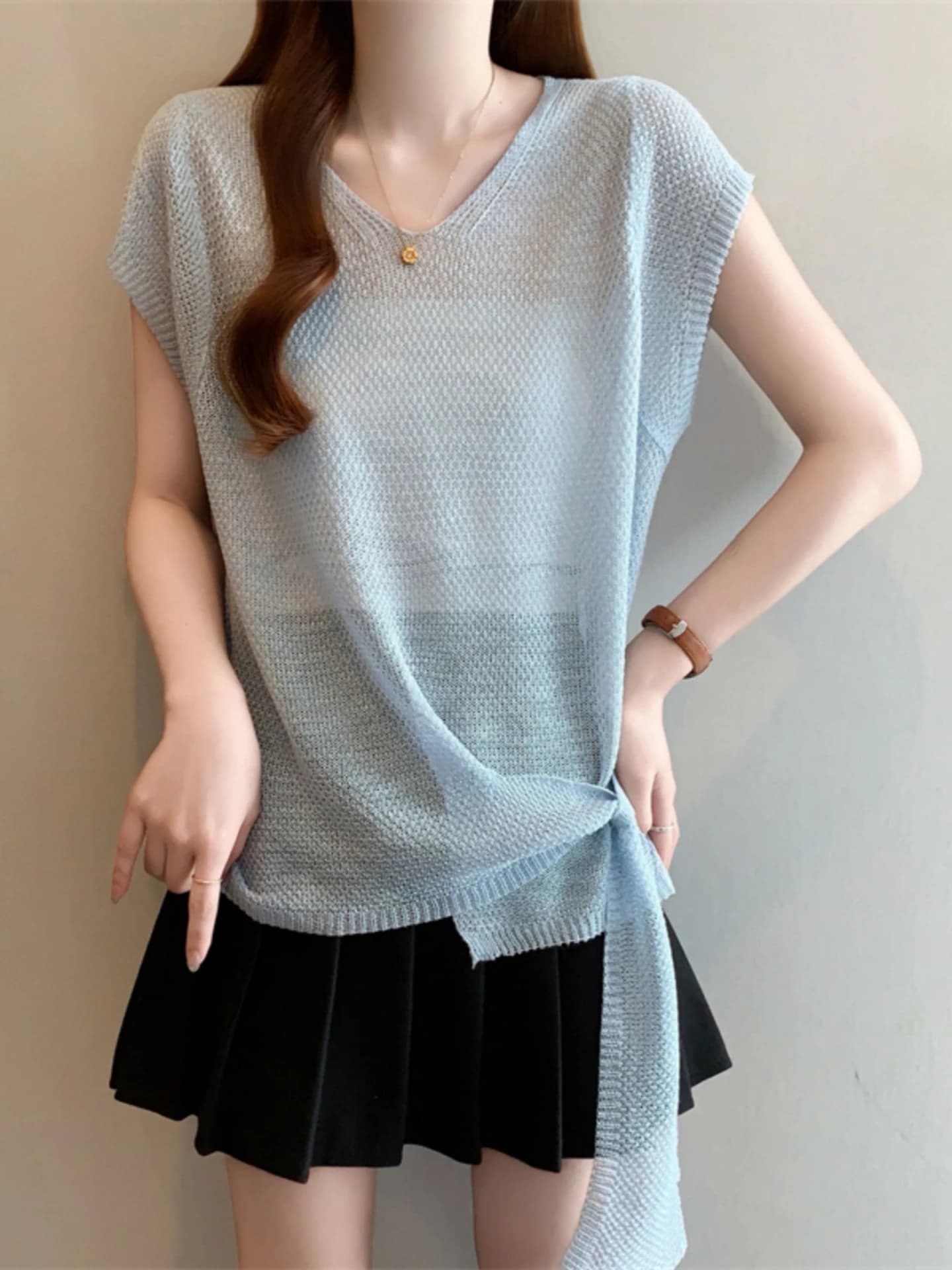 Feifei Women's Ice Silk Short Sleeve V-Neck T-Shirt Summer Thin Large Size Flattering Asymmetrical Draped Top Semi-Transparent
