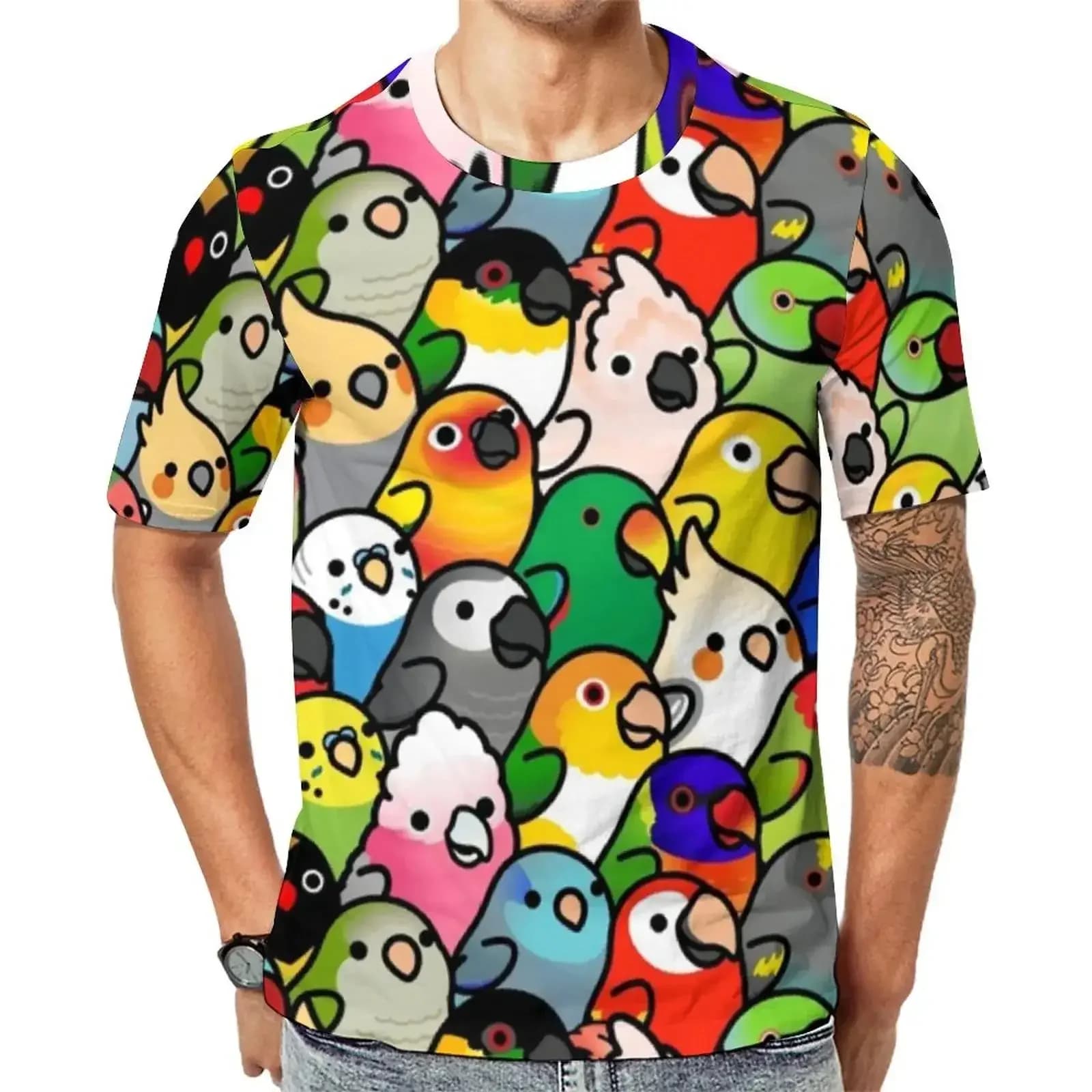 T-shirt da uomo a maniche corte con divertente motivo a pappagallo, t-shirt college 3D, abbigliamento casual Harajuku, uccelli, animali