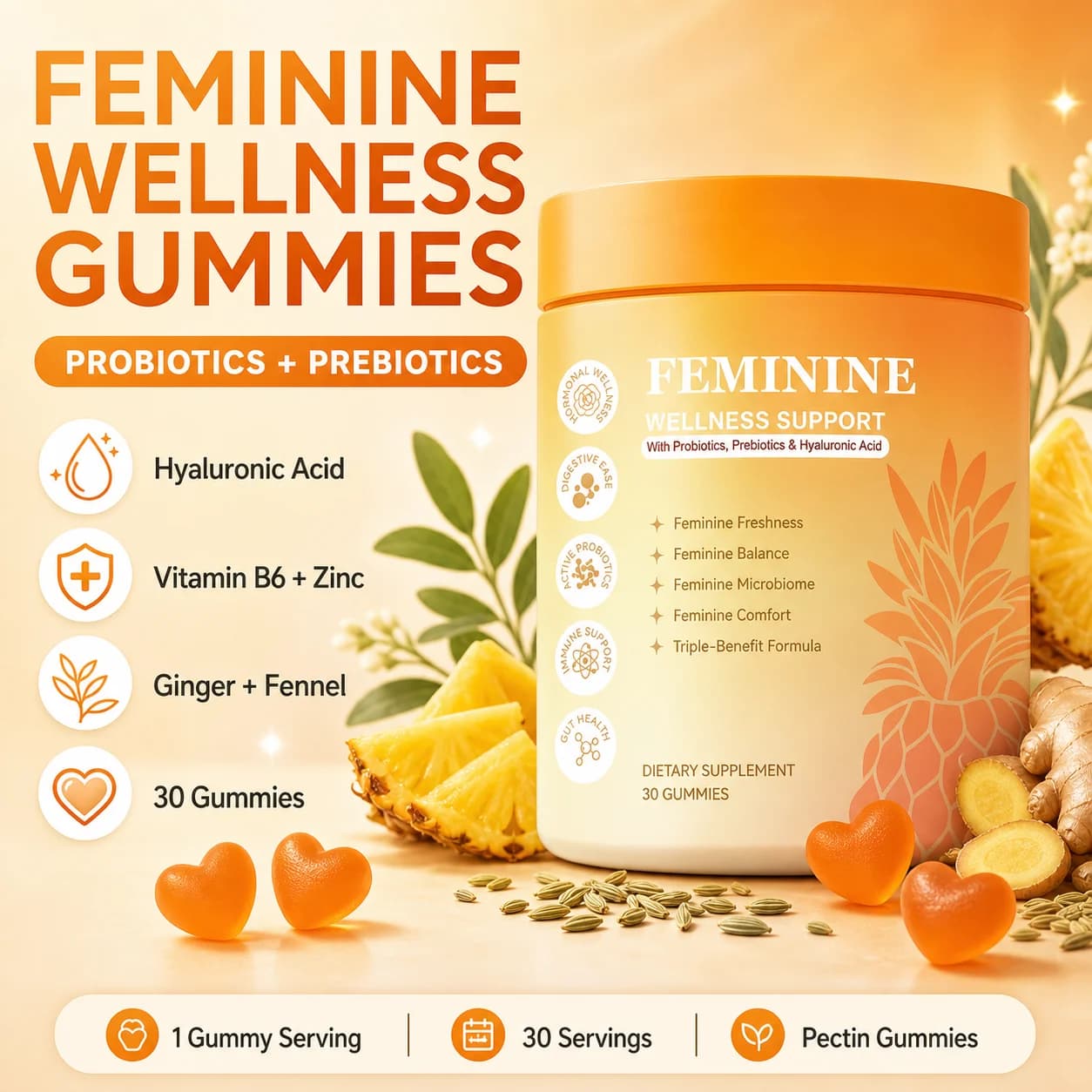 Women's Probiotic Prebiotic Gummies with Hyaluronic Acid Vitamin B6 & Zinc 30 Gummies Digestive Balance Supplement