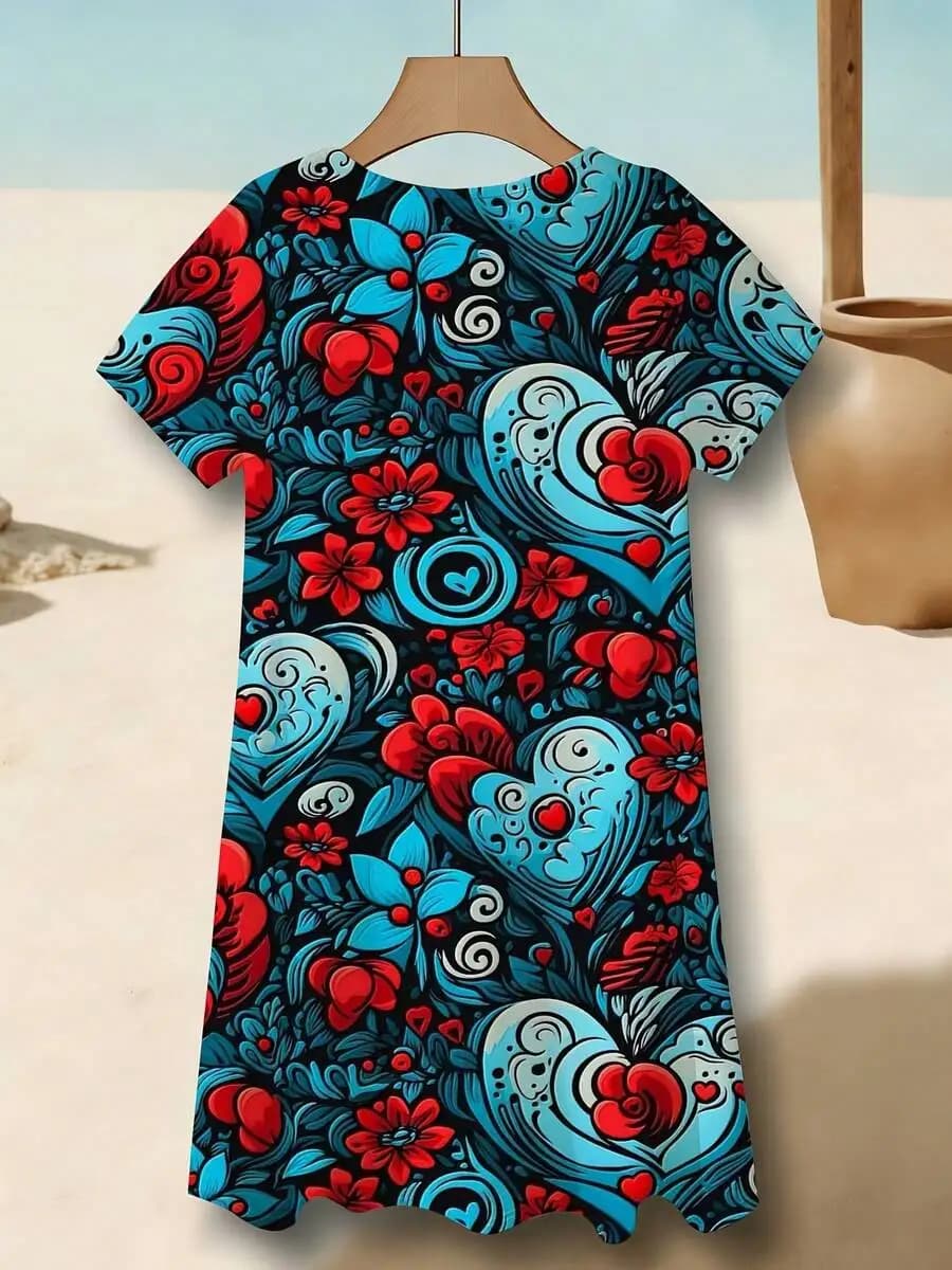 Womens Casual Floral Heart Print Short Sleeve Crew Neck Dress For Leisure