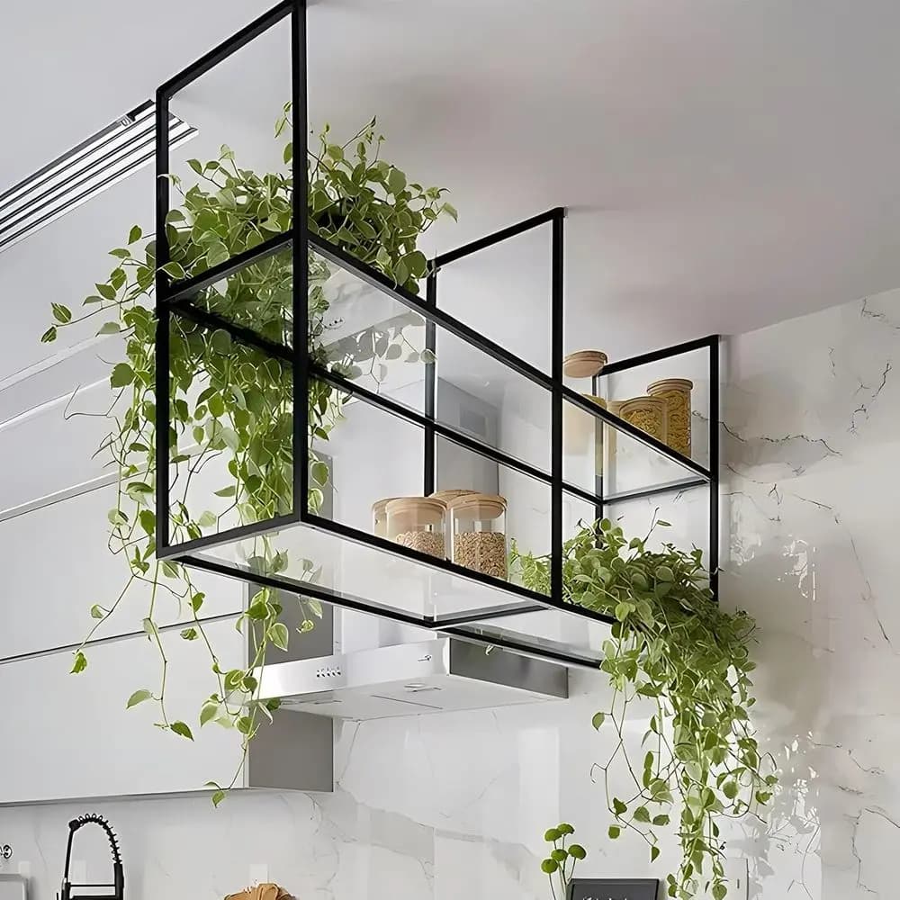 Organizzatore da Parete per Cucina a 2 Ripiani con Supporto per Piante, Scaffali in Ferro Nero per Casa/Ufficio (120x30x80cm)