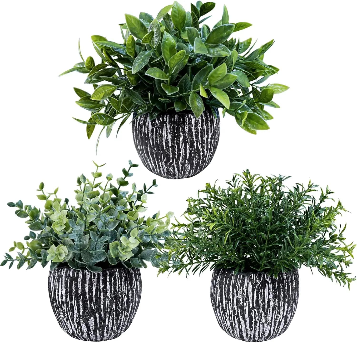 Set di 3 Piante Artificiali in Vaso - Eucalipto, Rosmarino, Bosso in Vasi di Cemento Bianco e Nero, Piccole Piante Finte per Arredamento Interno/Esterno Casa e Ufficio